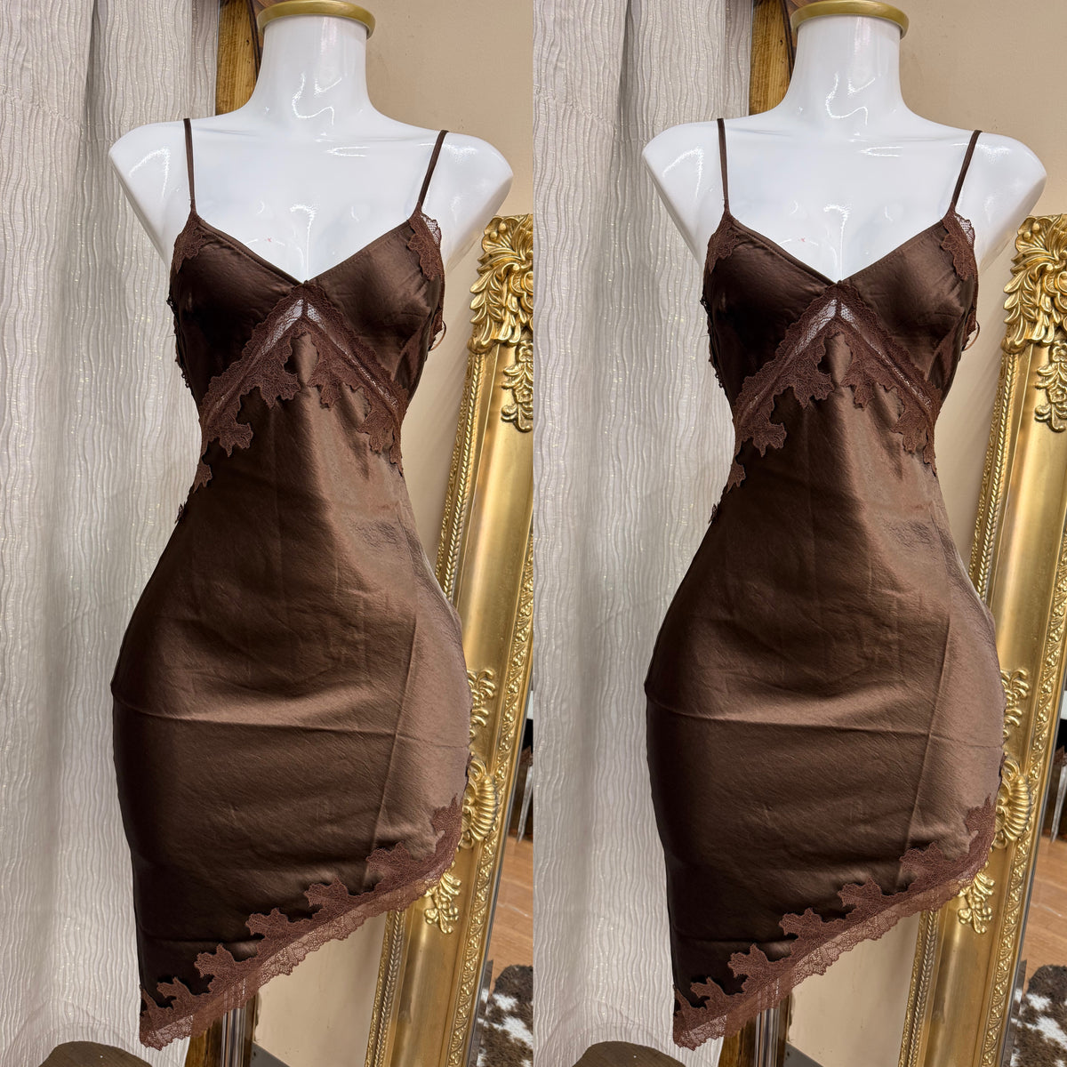 Satin lace brown dress