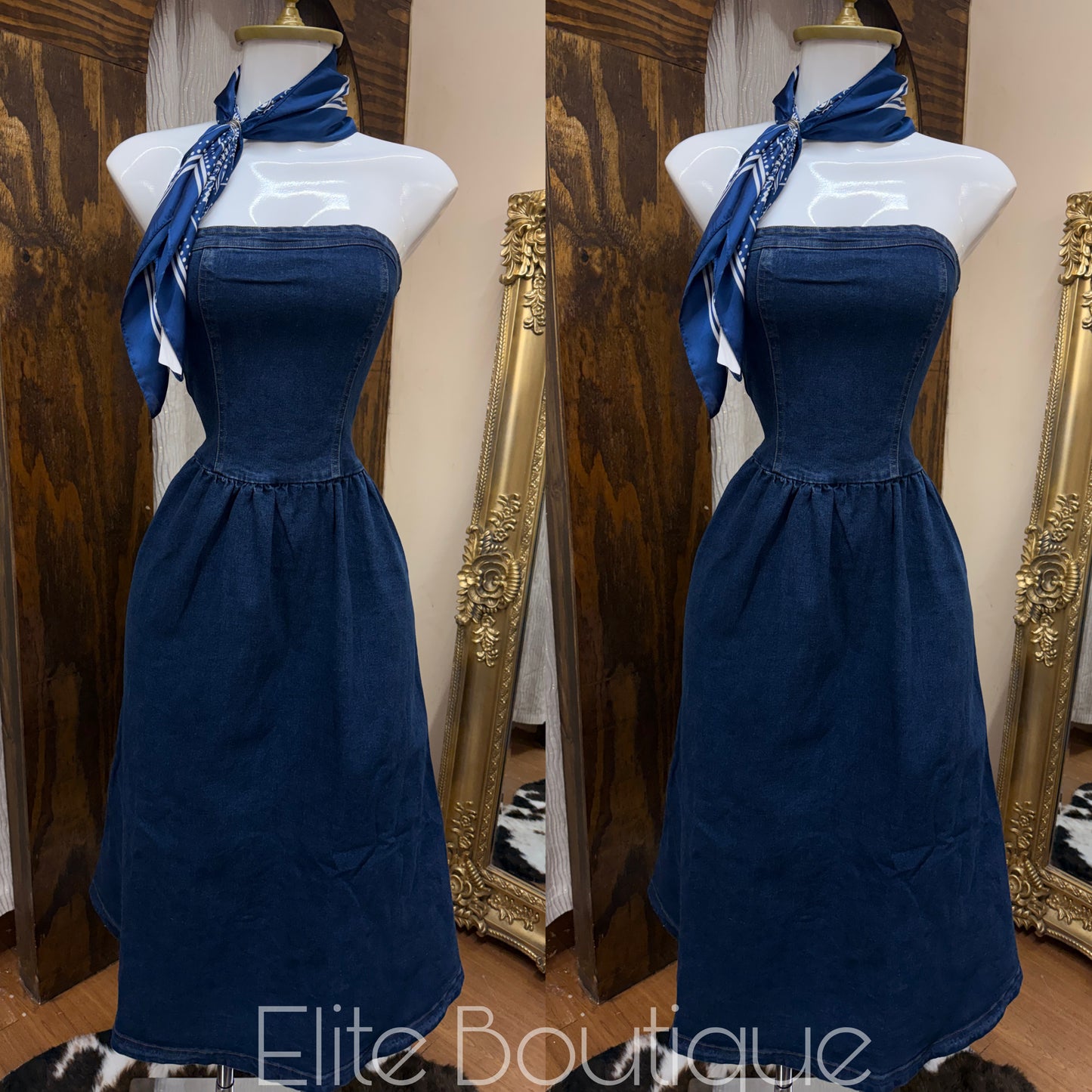 Strapless Denim Midi Dress