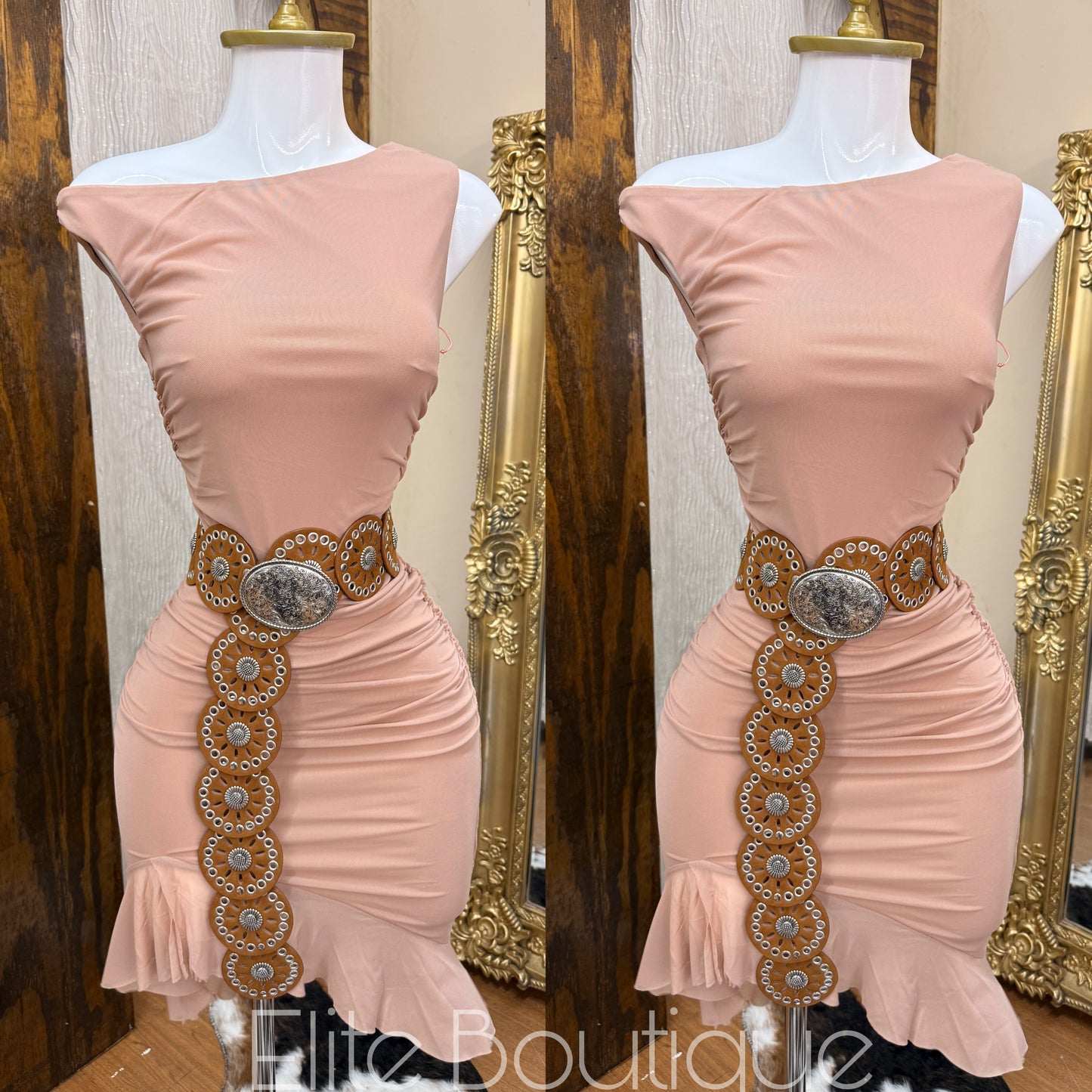 Asymmetrical neck ruffled dress Nude