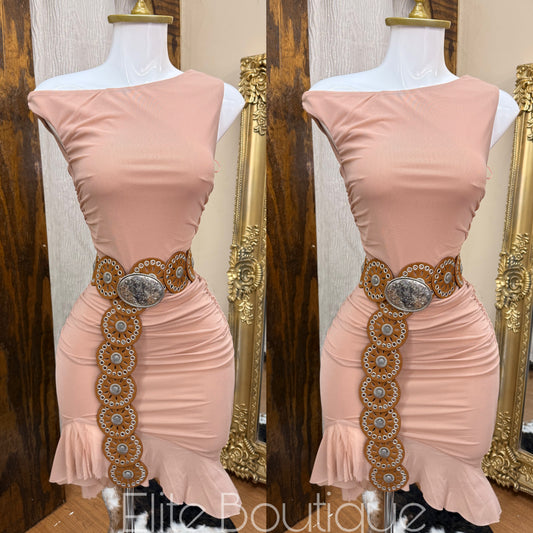 Asymmetrical neck ruffled dress Nude