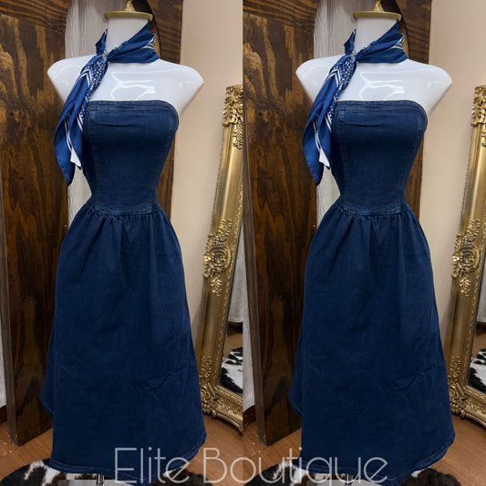 Strapless Denim Midi Dress